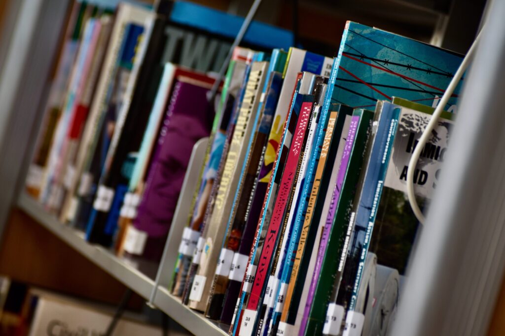 Shelf of library books